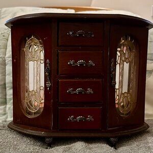 Antique/Vintage Jewelry Box - Brass Pulls/Feet, Glass, Wood